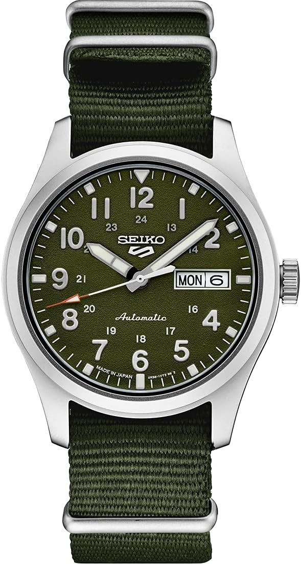 SRPG33 Watch for Men - 5 Sports - Automatic with Manual Winding Movement, Green Dial, Stainless Steel Case, Green Nylon Strap, 100m Water Resistant, and Day/Date Display