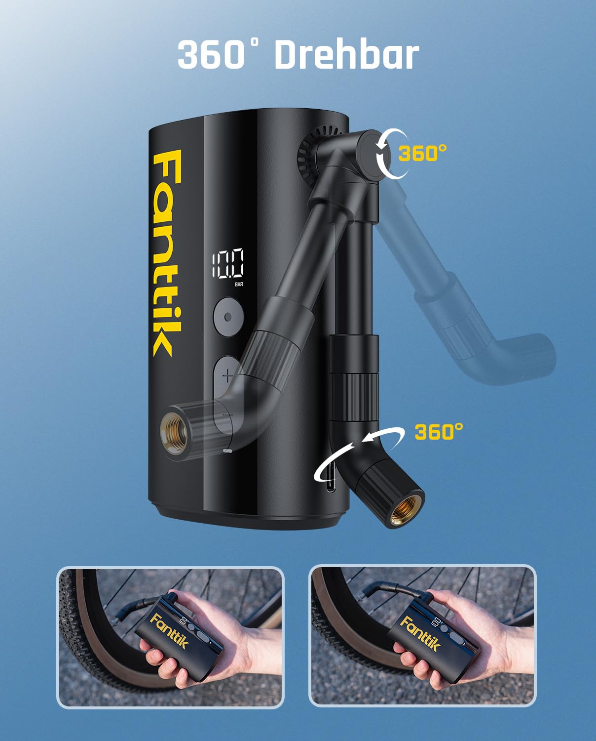 Fanttik X9 Ace Mini Fahrradpumpe, Akku Kompressor, 32s Schnellaufblasbare Elektrische Fahrradpumpe, 10,3BAR Luftpumpe mit Presta und Schrader-Ventil, für Rennrad, Mountainbike, E-Bike, Stadtrad