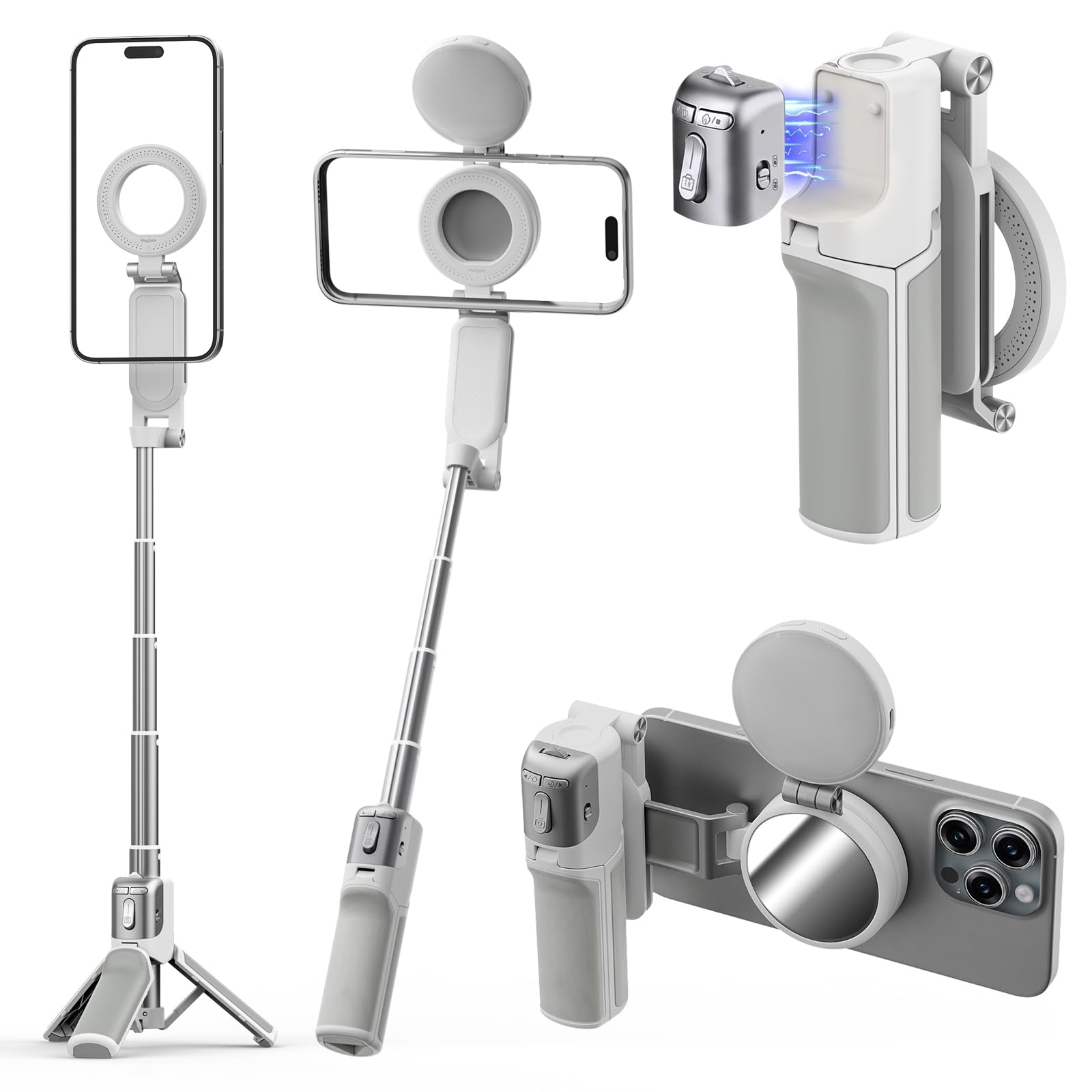 AMAZEAR Perche à Selfie magnétique trepied Smartphone - Blanc avec lumière