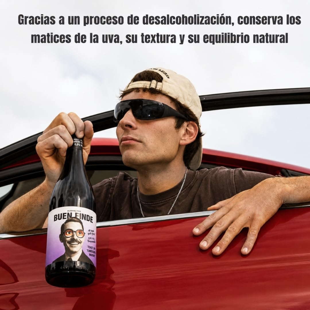 Buen Finde® Vino Sin Alcohol 0,0% Tinto Tempranillo | Pack 6 Botellas x 750 ml | Vino Desalcoholizado Premium | Bajo en calorías, vegano, equilibrado y afrutado