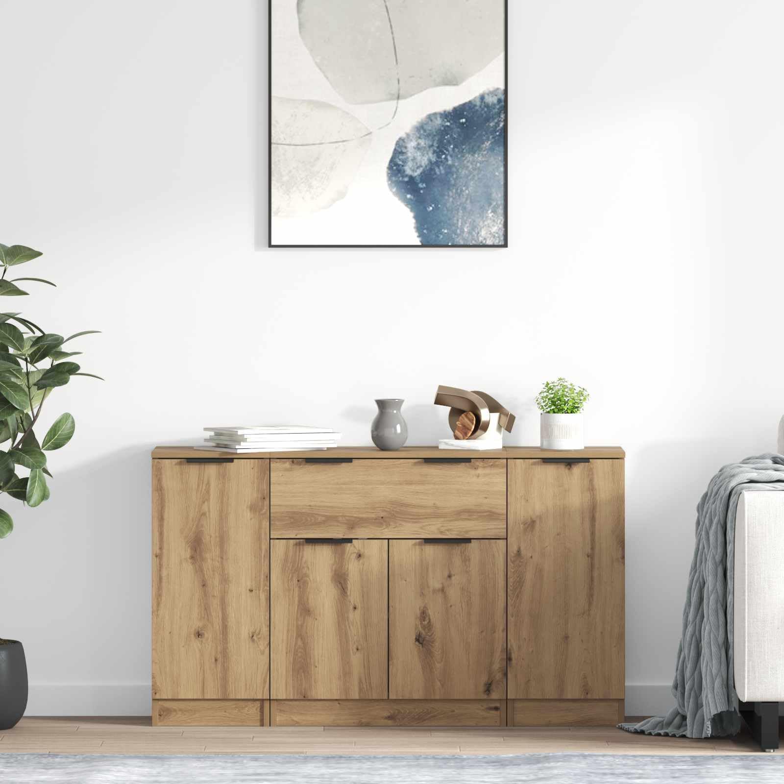 Bufet 3 pcs Dąb rzemieślniczy Materiał drewnopochodny Nowoczesny kredens do salonu i jadalni 120x30x70 cm z 4 drzwiami półkami pojemny mebel do przechowywania naczyń i dekoracji