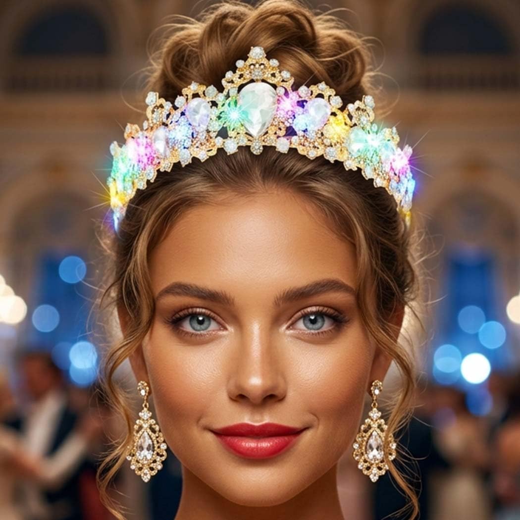 Yean Light Up Baroque Crown Rhinestone Tiara LED Gold Led Queen Crowns for Women (Gold, One Size)