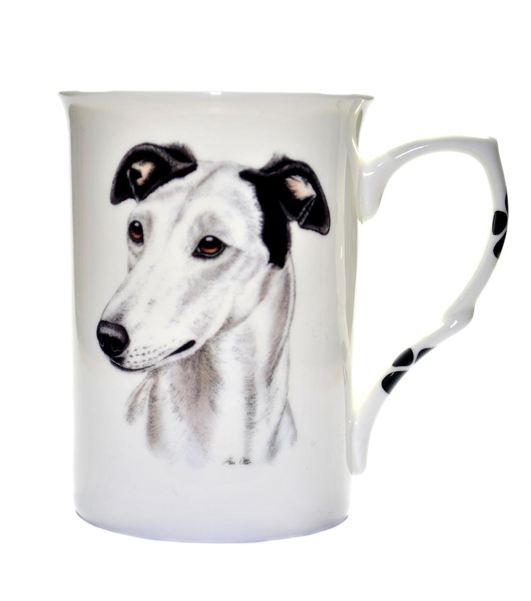 (BB32) Hand decorated SINGLE BONE CHINA BEAKER/ MUG/CUP WHITE GREYHOUND Hand decorated Kirsty Jayne China