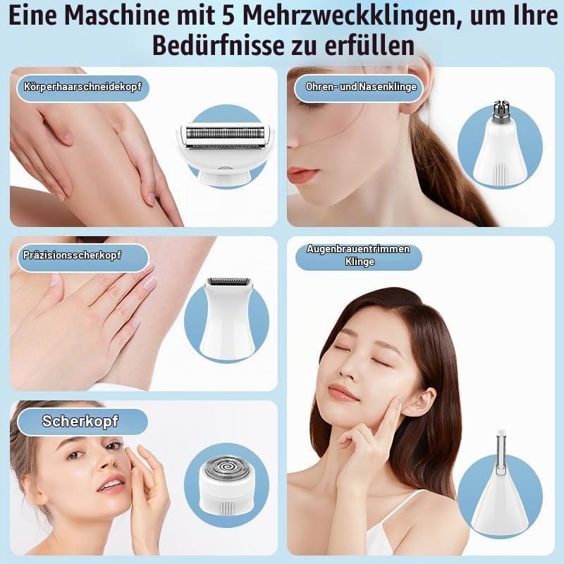 5-in-1 Multifunktionales Haarentfernungs- und Pflegeset — IPX7 wasserdicht, 600-mAh-Akku, 5 Aufsätze (Körper/Gesicht/Augenbrauen/Nase/Ohren), tragbares USB-Auflade-Trimm-Set