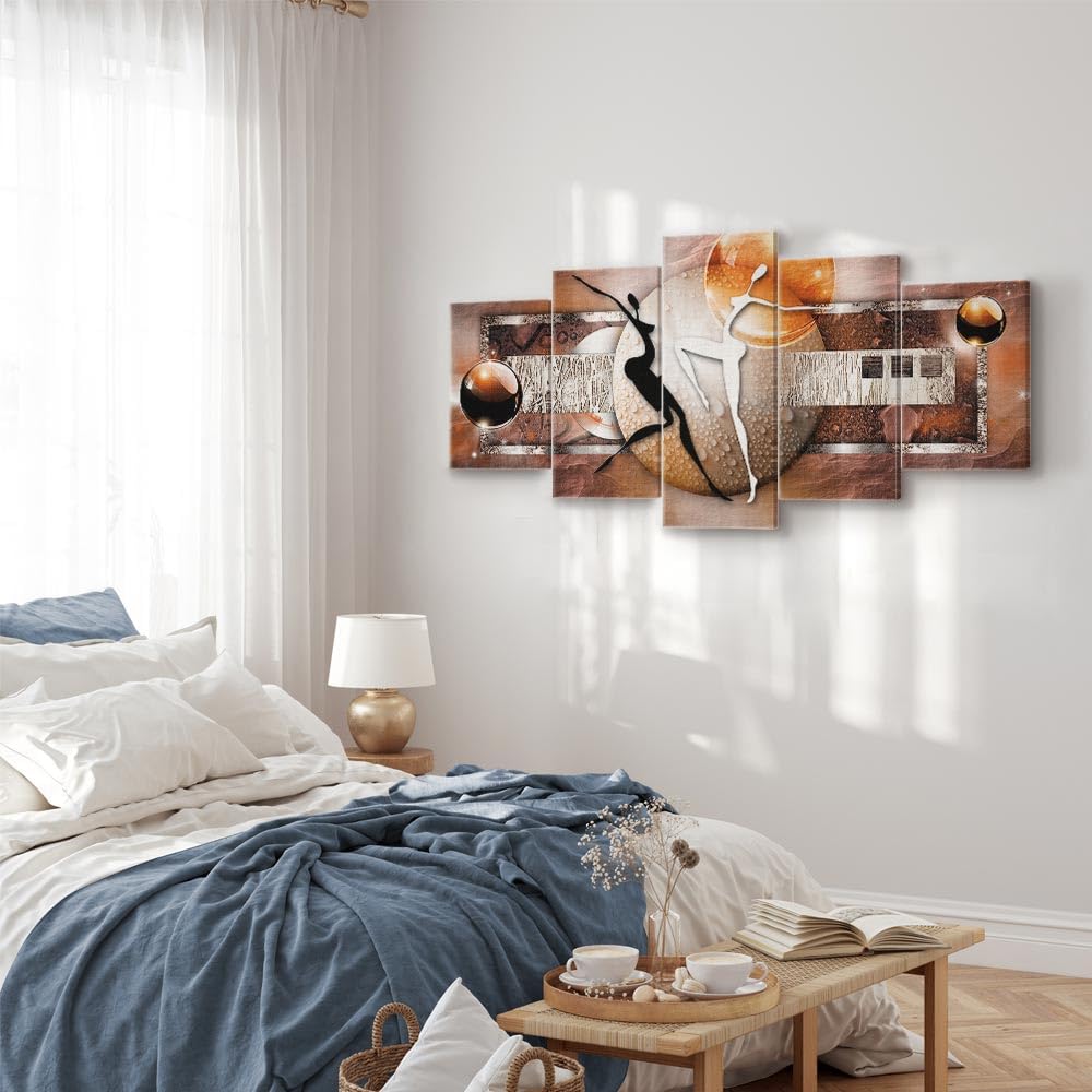 B&D XXL - Quadro Astratto 225x112 cm 5 Pezzi - Stampa su Tela Canvas con Struttura - Quadri Componibili Moderni Soggiorno Grandi - Murale Arte Decorazioni da Parete Decori - marrone arancione argento