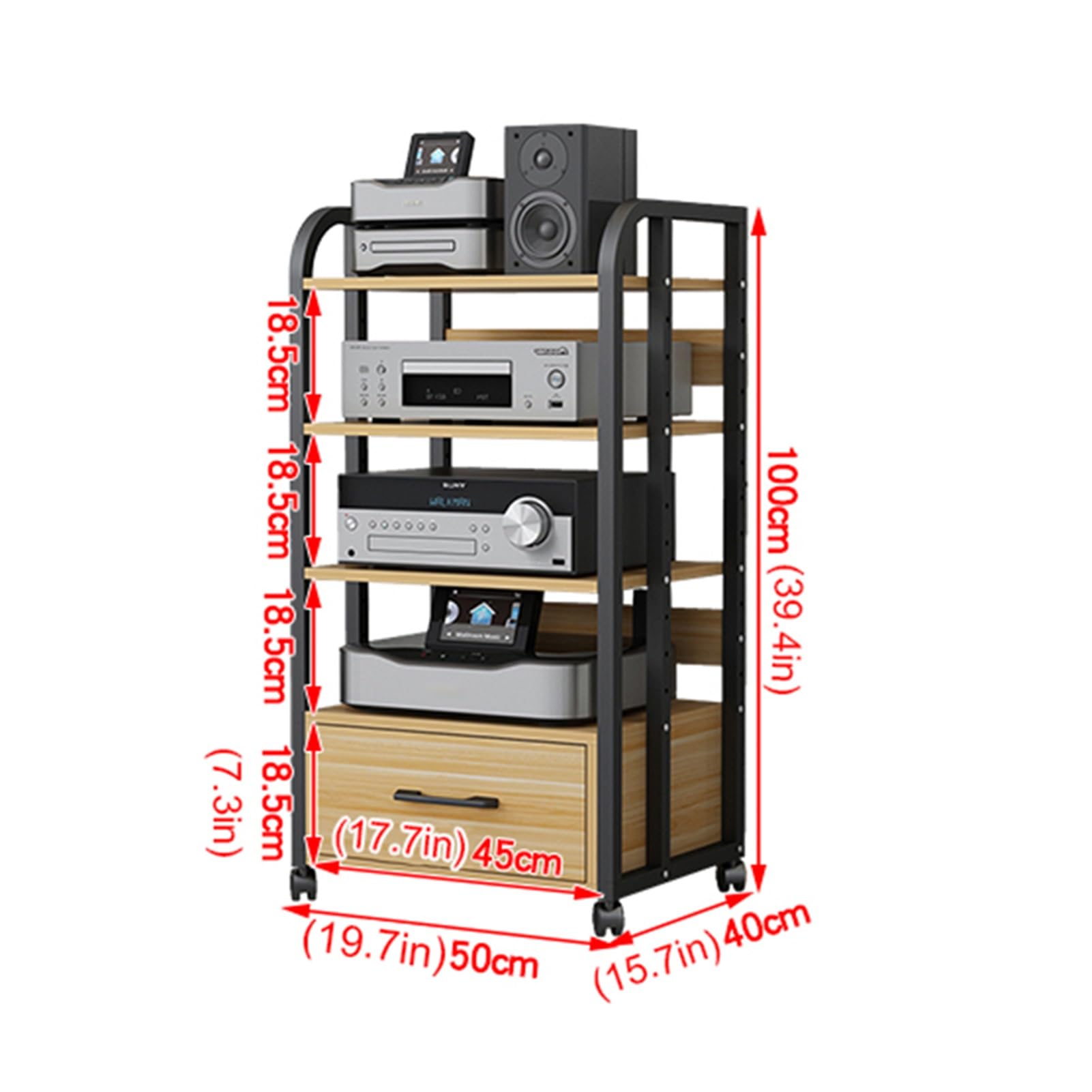 4-Tier Movable Media Stand Audio Video Component Cabinet DVD CD Player Stereo Stand with Height Adjustable Wooden Shelves, Multifunction Storage Shelf with Drawer for Home/Office/Theater (Color : C,