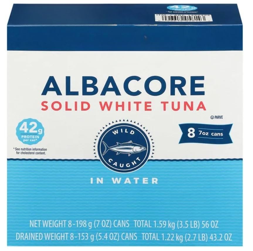 Albacore Solid White Tuna in Water, Wild Caught, High Protein, Made from solid white albacore tuna with a firm texture and mild, clean flavor, 8-Count [ 56 oz, 3.5 lb ]
