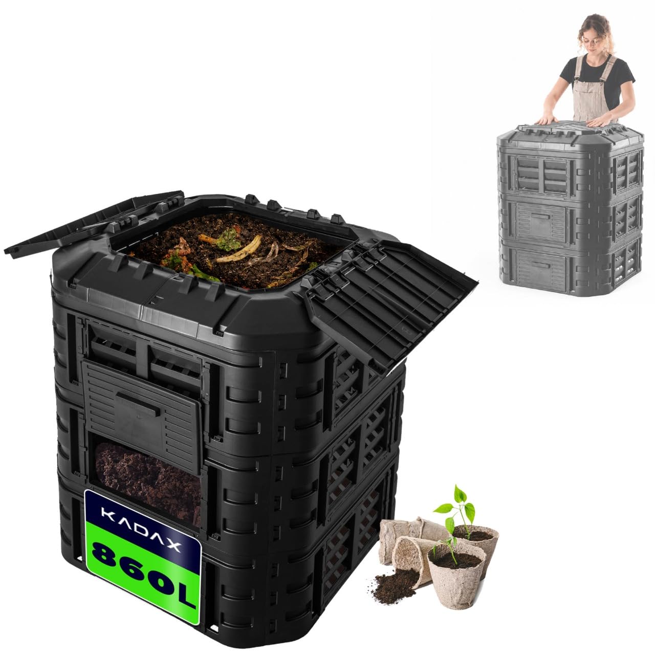 KADAX Composteur de Jardin 860L, Grand Bac à Compost pour Une Gestion Écologique et Efficace des Déchets Organiques en Espace Extérieur (Noir)
