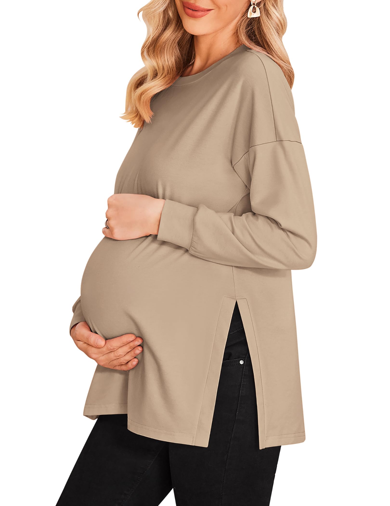 Ekouaer Women’s Maternity Shirts Long Sleeve Split Side Pregnancy Tee Top Tunic Blouse Casual Mama Clothes