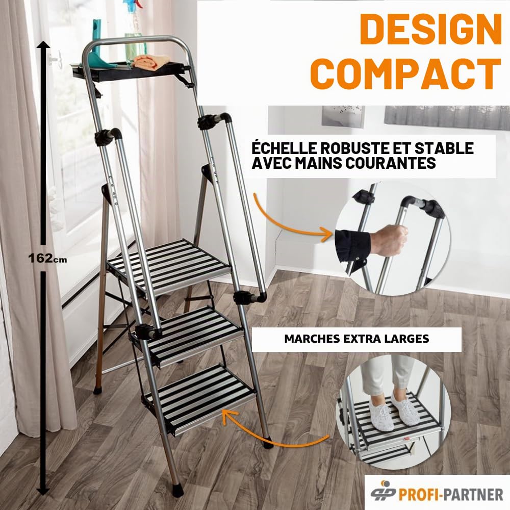 Échelle de sécurité en acier - Marchepied pliable - 3 marches - Plateforme antidérapante - Certifié TÜV - Marche sûre - Robuste - Jusqu'à 150 kg