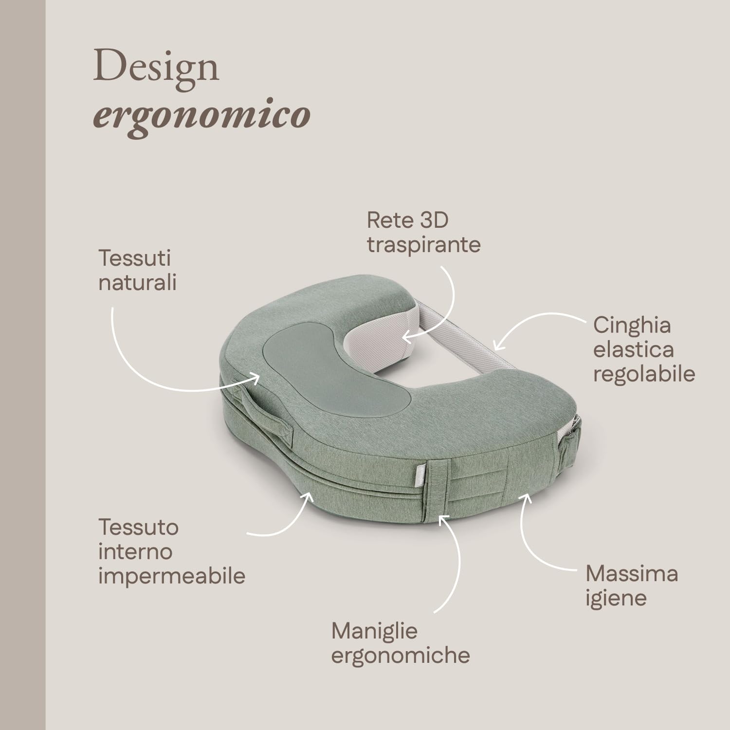 Inglesina Elysia Coussin d’Allaitement Ergonomique avec Ceinture Lombaire, Double Densité, Tissu Respirant en Bambou et Maille 3D, Soutien pour Maman et Bébé, 0-3+ Mois, Balance Green
