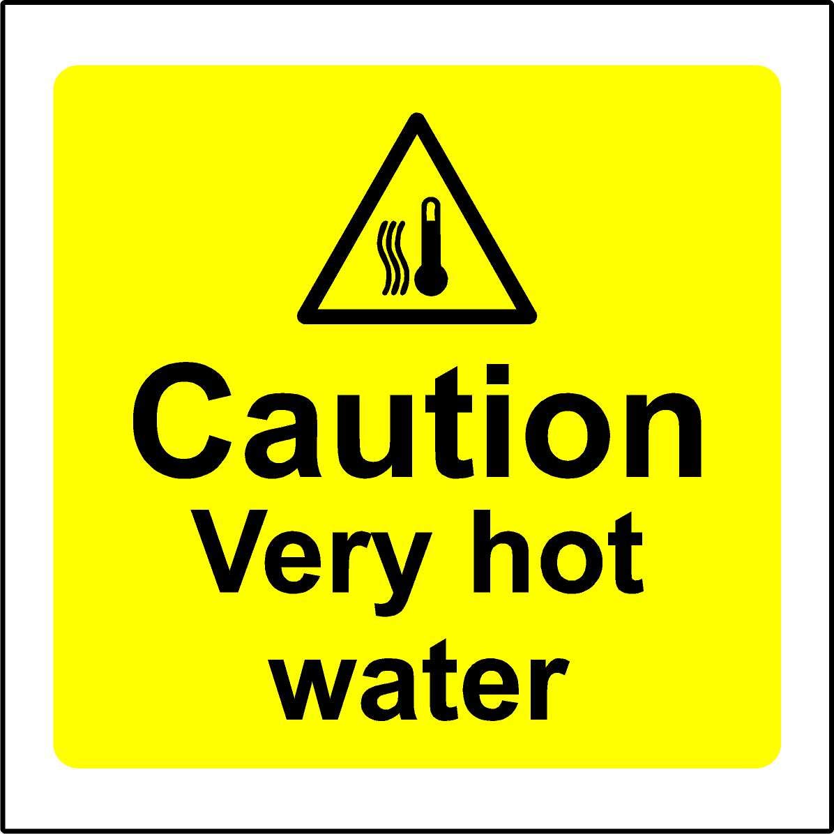Warning signs Caution very hot water safety sign - Self adhesive sticker 100mm x 100mm (Pack of 5 signs)