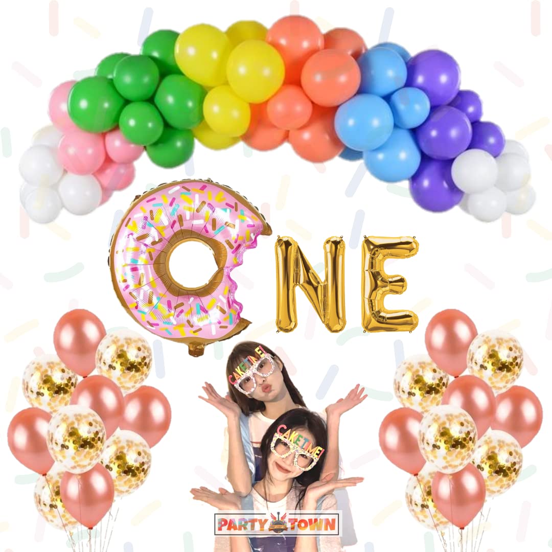 Party town Donut and candy theme decoration combo for boys and girls theme birthday party with Metallic balloons Donuts foil balloons arc Glue dots - (Pack of 76) (Donuts)