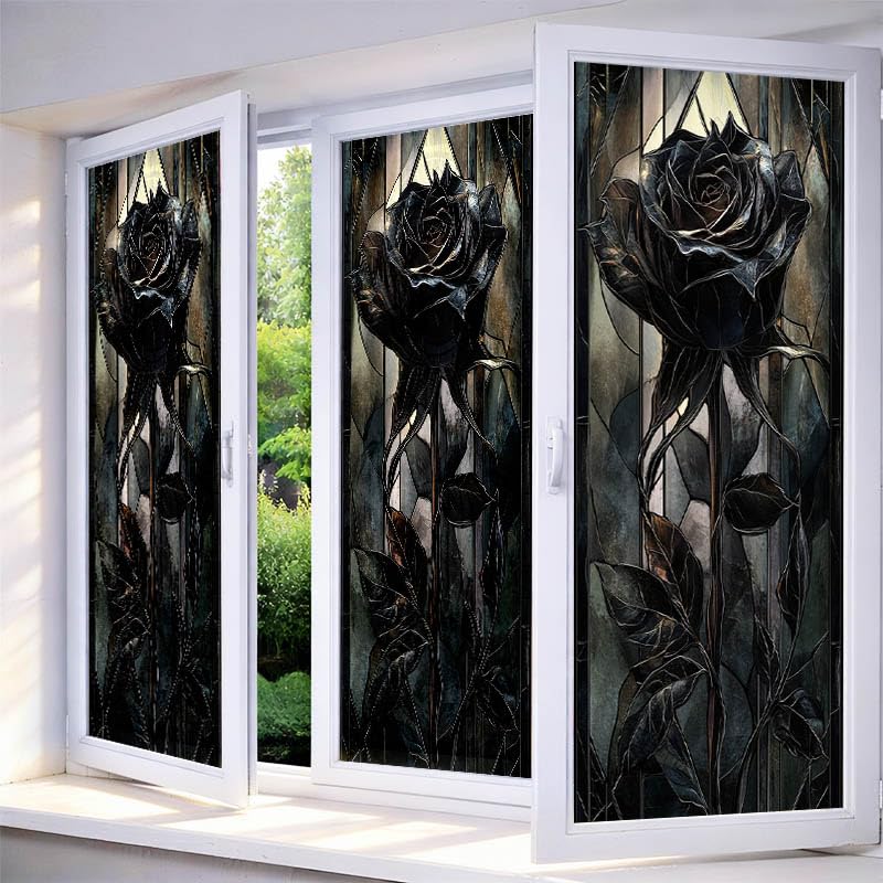 IVN Privacy Window Film Stained Glass Window Cling Black Rose and Gothic Design Decorative Static...