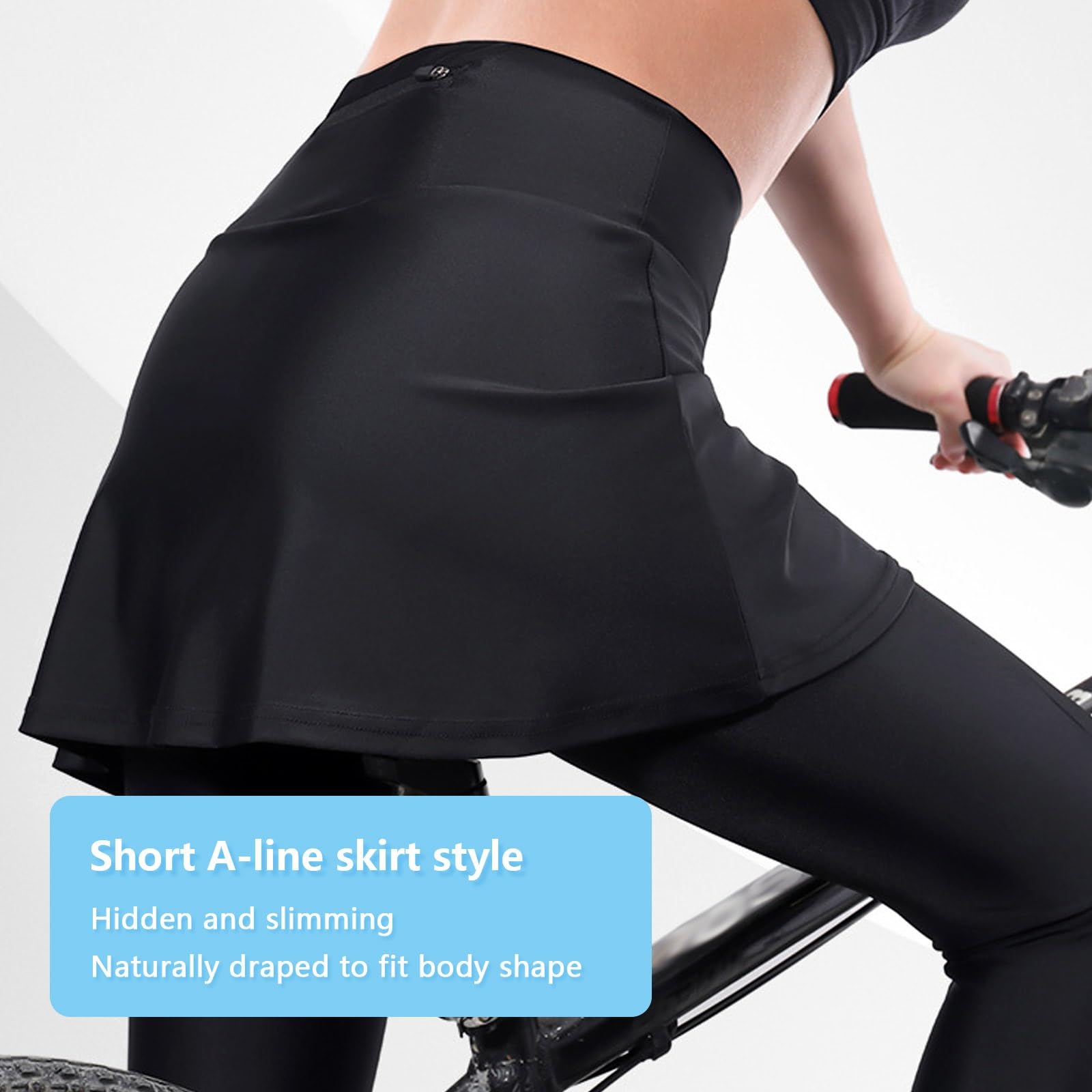 Radlerhose Damen mit Rock Lang Fahrradrock Leggings Atmungsaktiv High Waist Schnelltrocknend Radhose mit Verdeckter Tasche und 4D Sitzpolster für Stadtradeln(L)