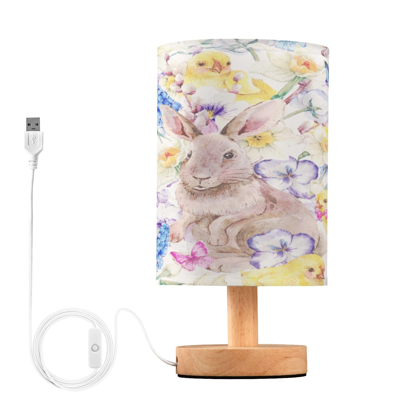 SDMKA Cute Bunny Easter Bedside Table Lamp for Bedroom, Minimalist Nightstand Lamp with Round Fabric Shade for Living Room, Office, No Bulb Required