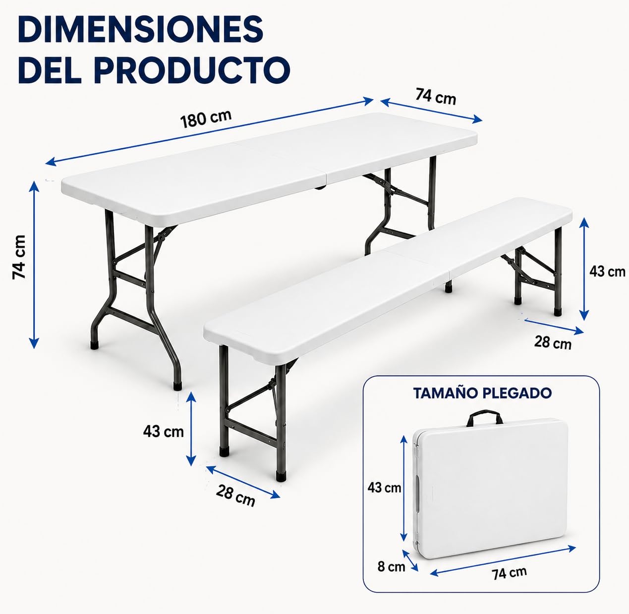 Set Mesa Plegable con 2 Bancos 180 cm, Conjunto de Jardín y Camping para 6-8 Personas, Mesa Maleta Portátil con Estructura de Acero y Superficie HDPE