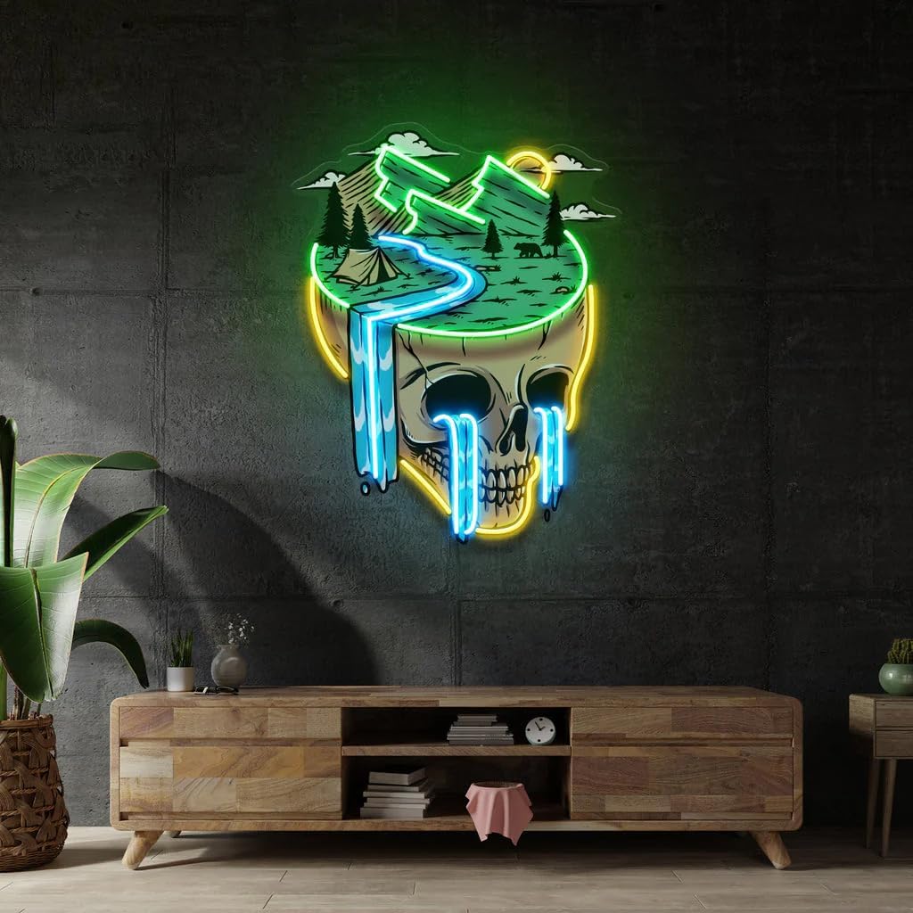 Warmthwish Mountain View Skull Neon Sign for Wall Decor Mountain Landscape Neon Light Pop Art Gifts for Family Office Wall Decor Aesthetic Wall Art