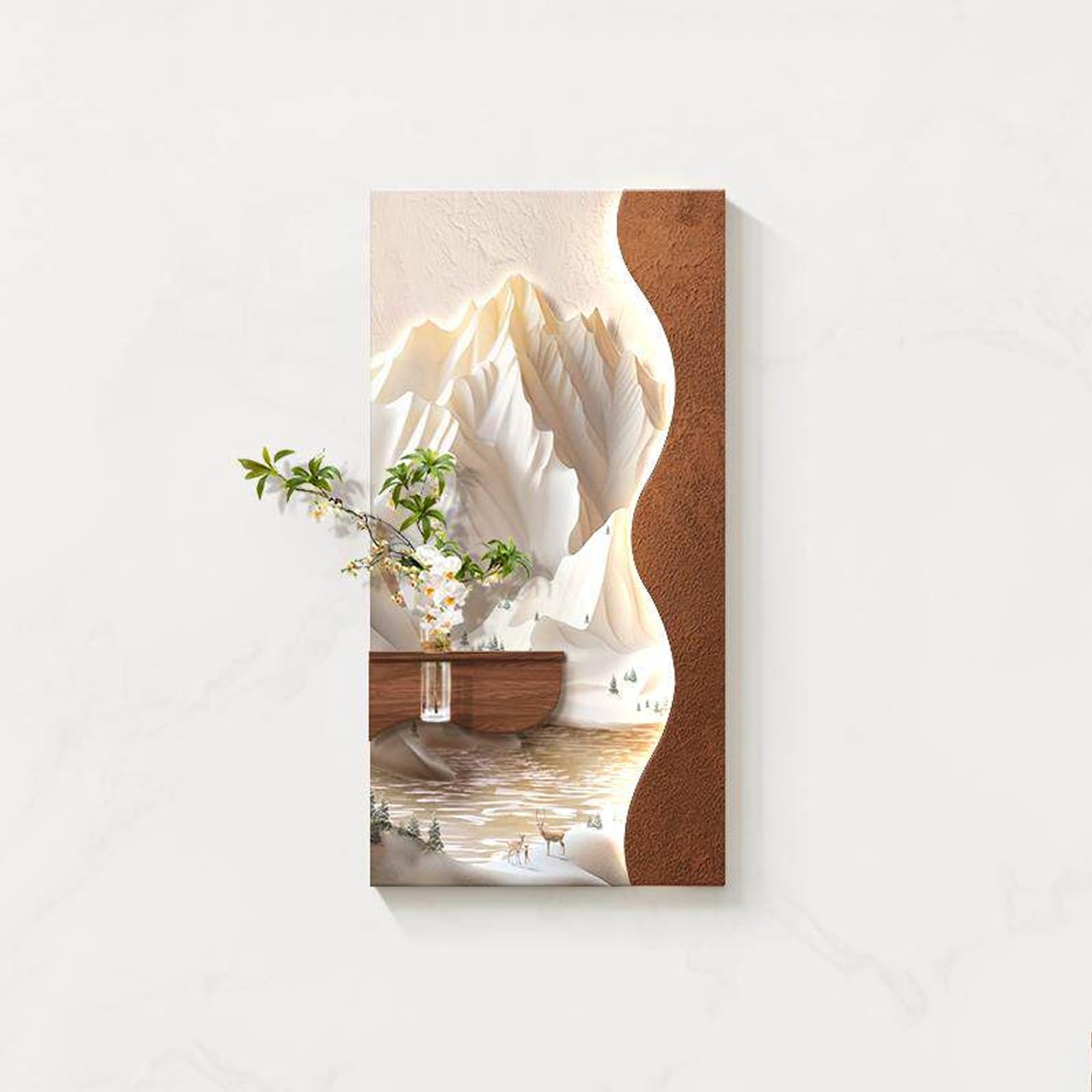 LQXCHEFYVA 3d Wall Art Decor, Sandstone LED Wall Art With Vase Holder, Plug-in Lighted Modern Decor, Living Room Entryway Wall Art, Vertical Ambient Light Decoration(Brown3,50x100cm/19.7x39.4in)