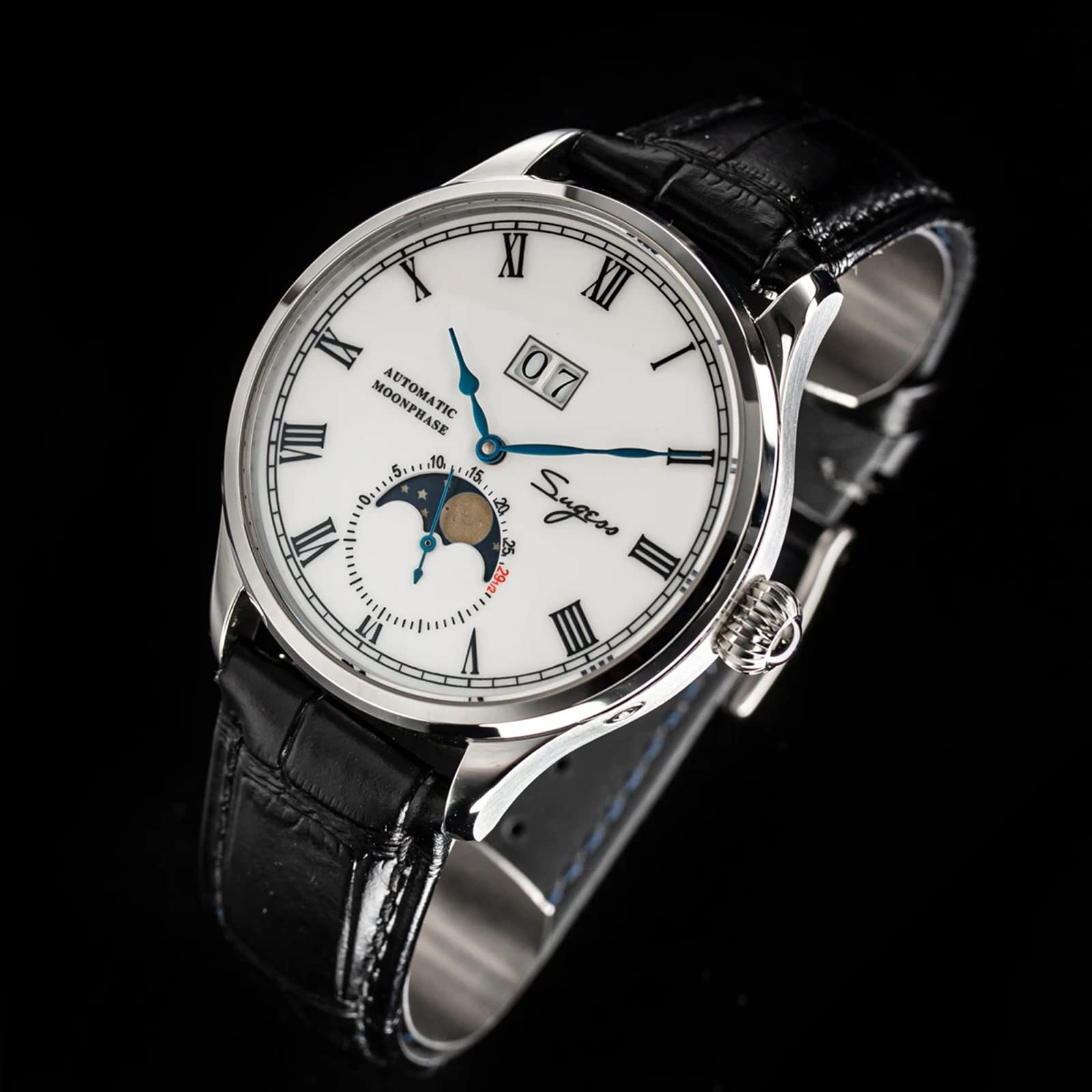 Sugess SU2528SS MoonPhase Master Seagull ST2528 Movimiento zafiro cristal reloj mecánico automático de los hombres 1963, negro, 41mm, Correa