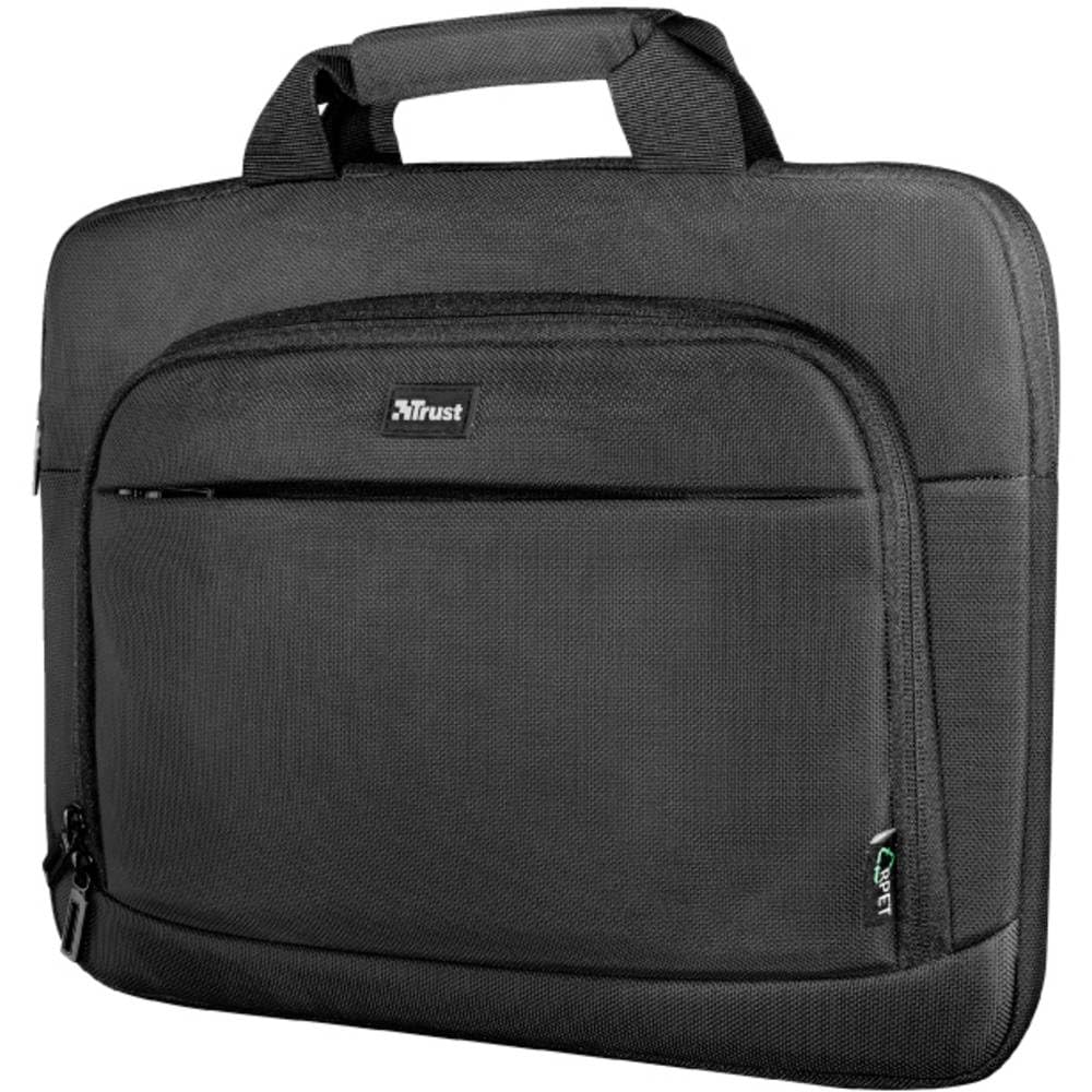 Trust Sydney Sustainable Slim Laptop Bag 14 Inch, Eco Bag, Recycled Plastic Laptop Case with Storage Pockets, RPET Work Bag, Durable Carrying Case for Travel, Business, Office, School - Black