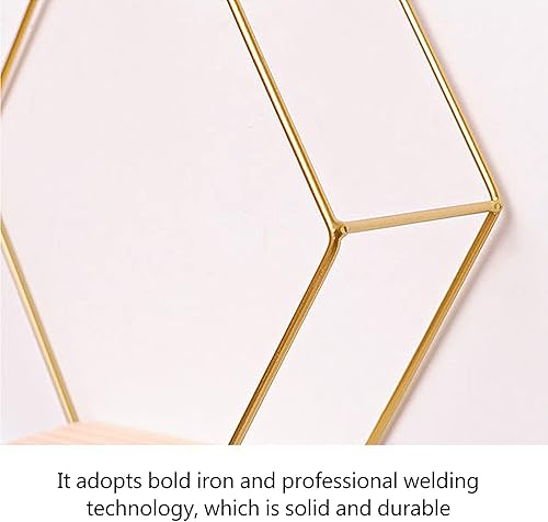 Miniatura 7 de Estantes flotantes hexagonales, estante geométrico decorativo para decoración de pared, diferentes tamaños, estante dorado con marco de metal