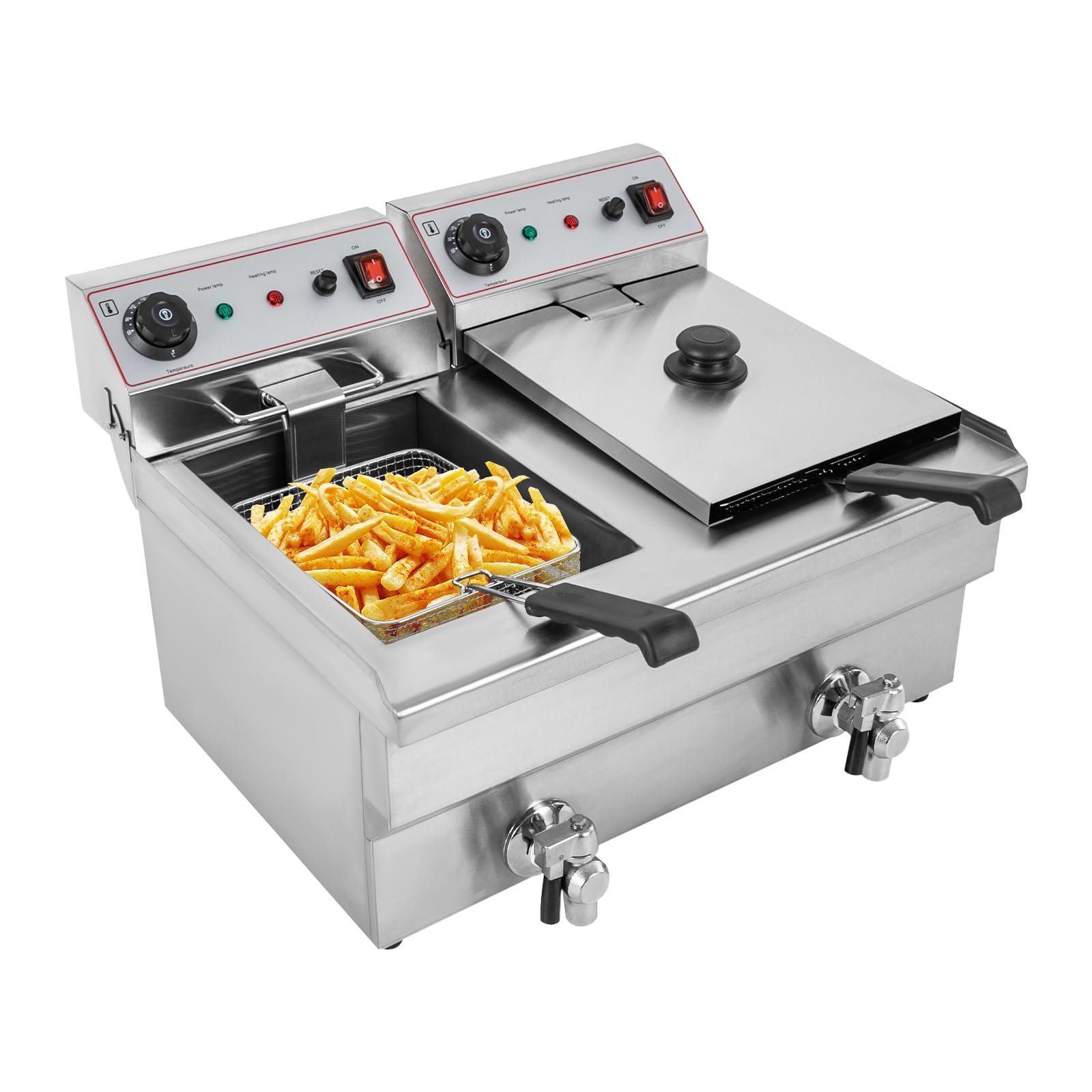 Friggitrice ad olio elettrico 2 x 10 l, con 2 cesti e coperchi, doppia friggitrice commerciale con rubinetto di scarico, 60-200 ℃/140-392 ℉, per cucina ristorante feste
