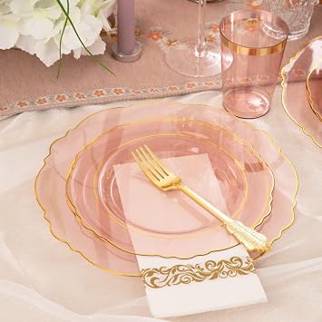 KIRE 210Pcs Clear Pink Plastic Plates with Gold Rim & KIRE 175PCS Pink Plates and Napkins Party Supplies