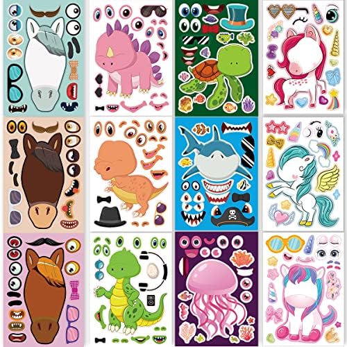 24 Sheets 8.27''×5.9'' Make Your Own Stickers for Kids Toddlers, Make a Face Stickers Mix and Match with Unicorn Dinosaur Horse and Sea Animals for Kids Party Favors Activities