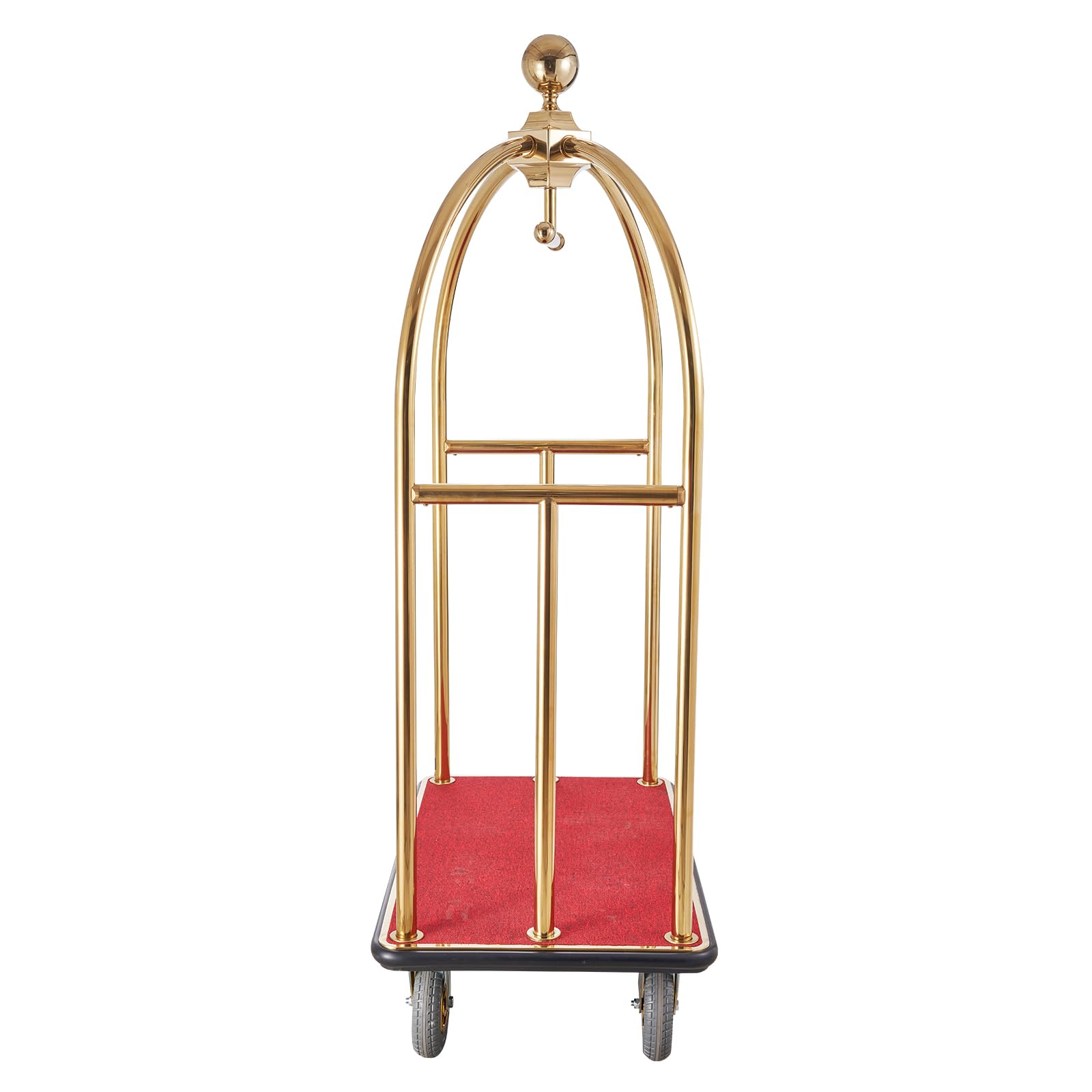 VEVOR Carrello Portavaligie per Hotel, Carico 680 kg Carrello Trasporto Portavaligie in Acciaio Inox Spazzolato con Montanti Curvi, Ponte in Moquette Rossa, Ruote in Gomma 203,2 mm per Hotel Condomini
