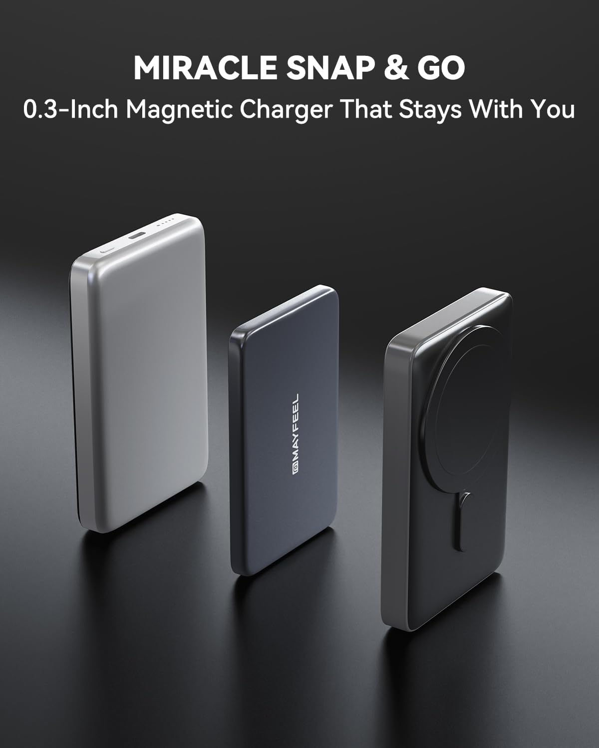 Mayfeel Cargador portátil magnético ultra delgado de 0.3 pulgadas, batería externa inalámbrica de 5.000 mAh con cable USB-C, carga rápida compatible con MagSafe para iPhone 17/16/15/14/13/12