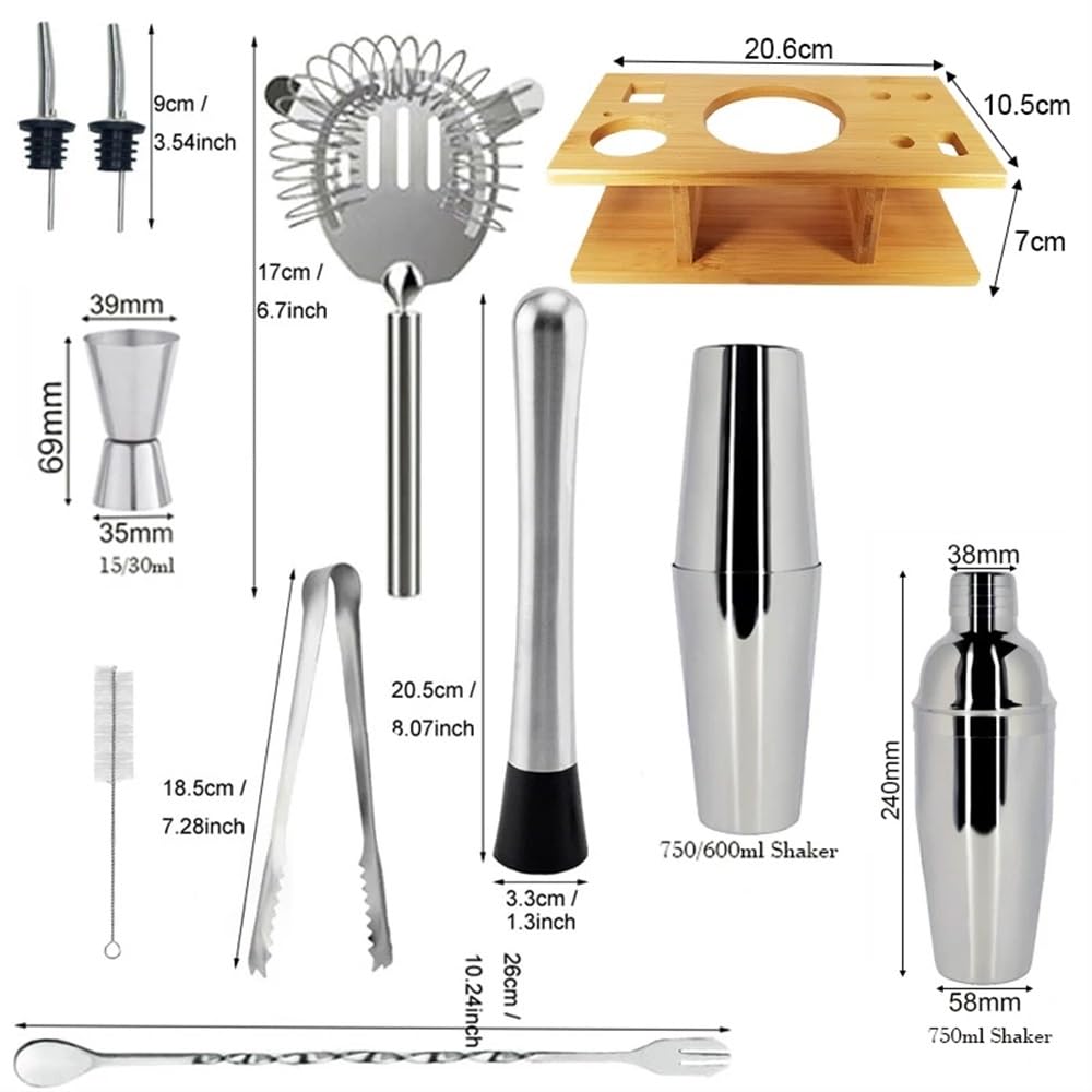 1-9 piezas de herramientas de barra de coctelera de acero inoxidable con soporte de madera, colador de mortero, tapón de clip de hielo, libro de recetas, kit de barman de herramientas de bar