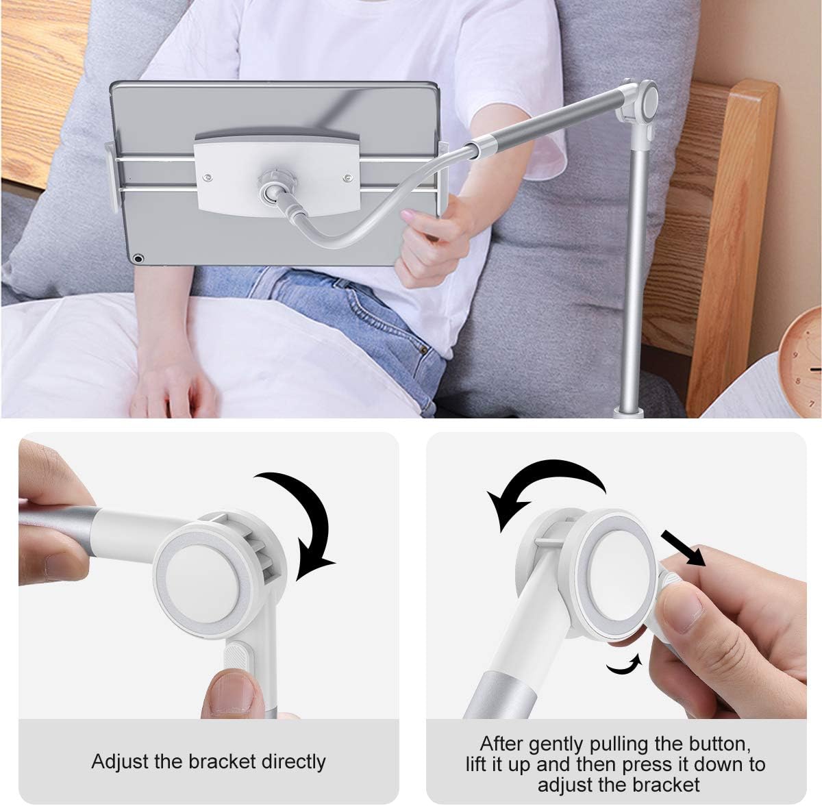 Dracool Tablet Holder Gooseneck Tablet Stand Mount Flexible Arm Clip 180 Adjustable Tablet Stand Desk Bed for iPad Pro Air Mini, Galaxy Tabs, iPhone, 4.7-10.5" Phones and Tablets - Silver