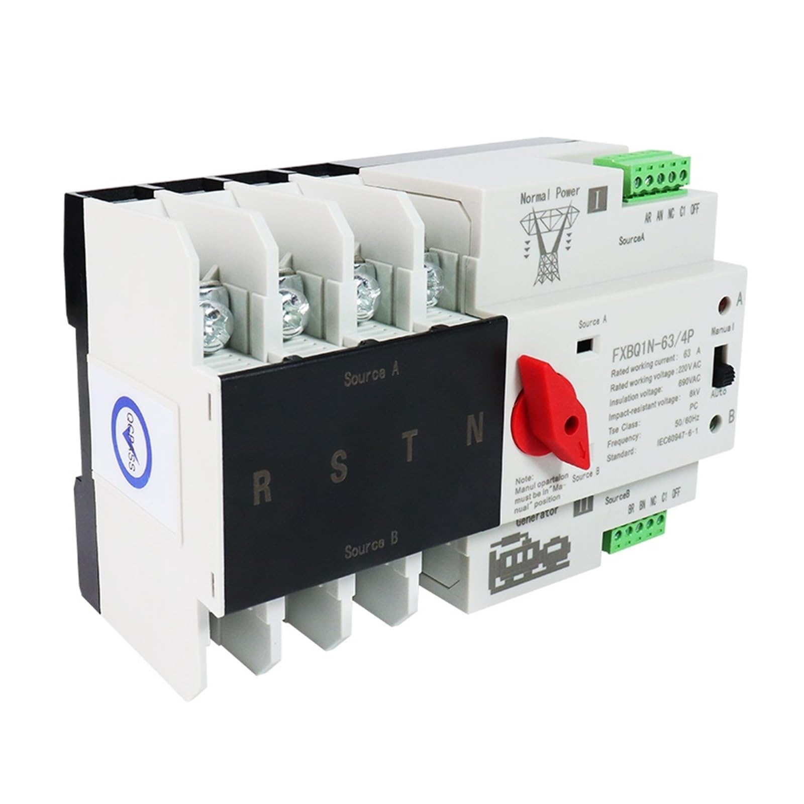 Controlador del conmutador de transferencia automá Interruptor de Transferencia Automática 4P Din Rail Doble potencia Selector interruptores generador de energía ininterrumpida 63A 100A(220V 63A)
