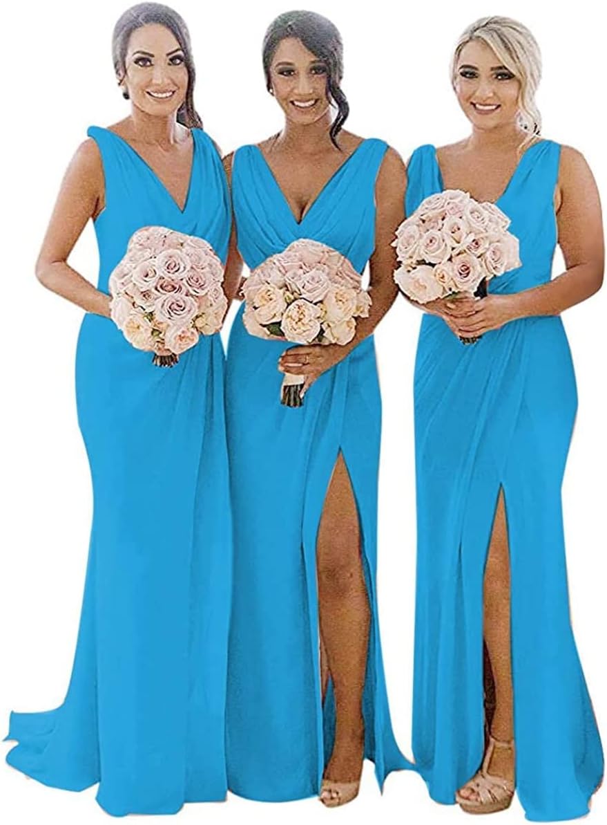 WSEYU Abiti da damigella d'onore con scollo a V abiti lunghi con tasche A- Line in chiffon abiti da festa formale abiti da sera con fessura, Argento, 34