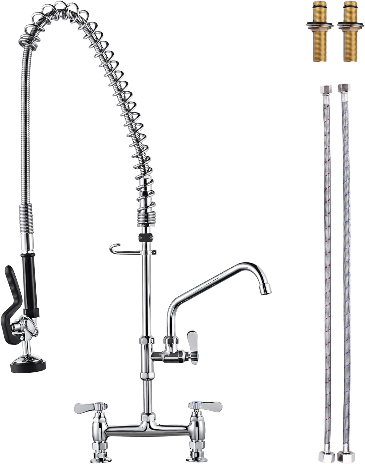 Single Hole 27" Height Commercial Kitchen Faucet Deck Mount with Pre-Rinse Sprayer, Commercial Sink Faucet with 10" Add-on Swing Nozzle Spout & Spring Pull Down Sprayer for Restaurant Hotel