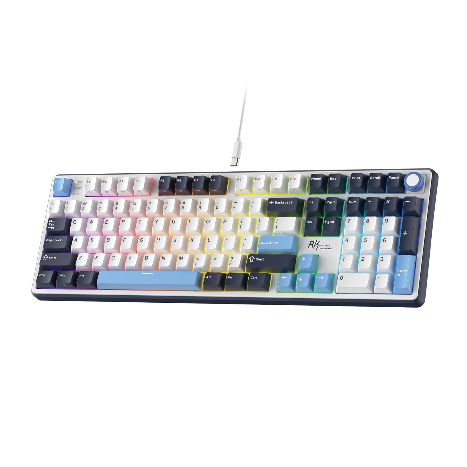 RK ROYAL KLUDGE X104 有線フルサイズメカニカルゲーミングキーボード、メタルノブ、US QWERTY レイアウト