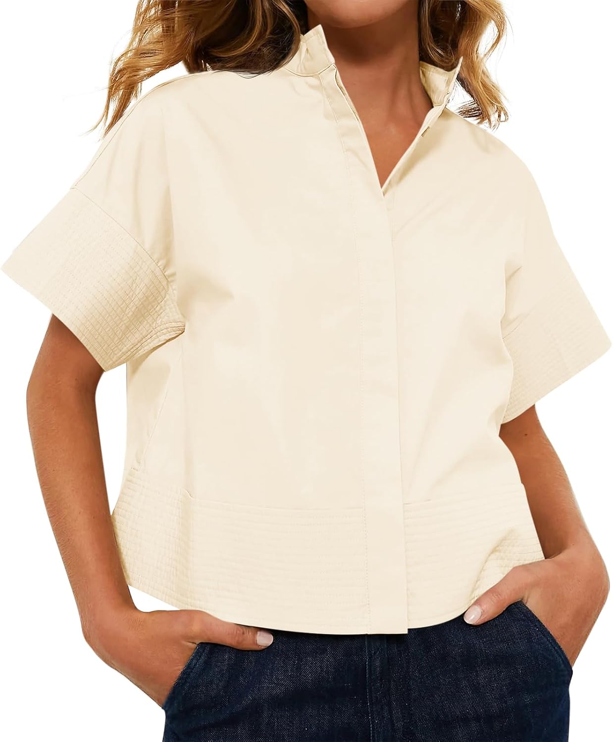 Cicy Bell Womens Cropped Short Sleeve Button Down Shirts Pleated Summer Dressy Casual Blouse Stand Collar Loose Fit Tops