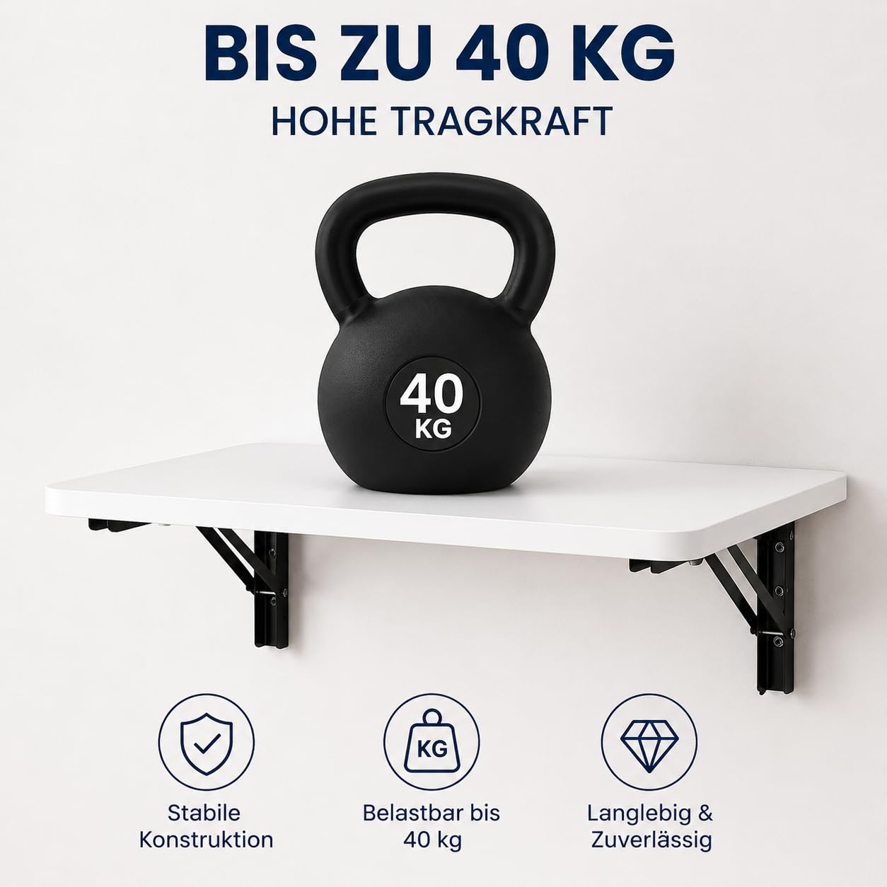 Wandklapptisch 60x40 cm Weiß, Klapptisch Wandmontage, 40 kg | Platzsparender Klapptisch aus Holzwerkstoff und Stahl, ideal als Esstisch, Schreibtisch oder Küchentisch.