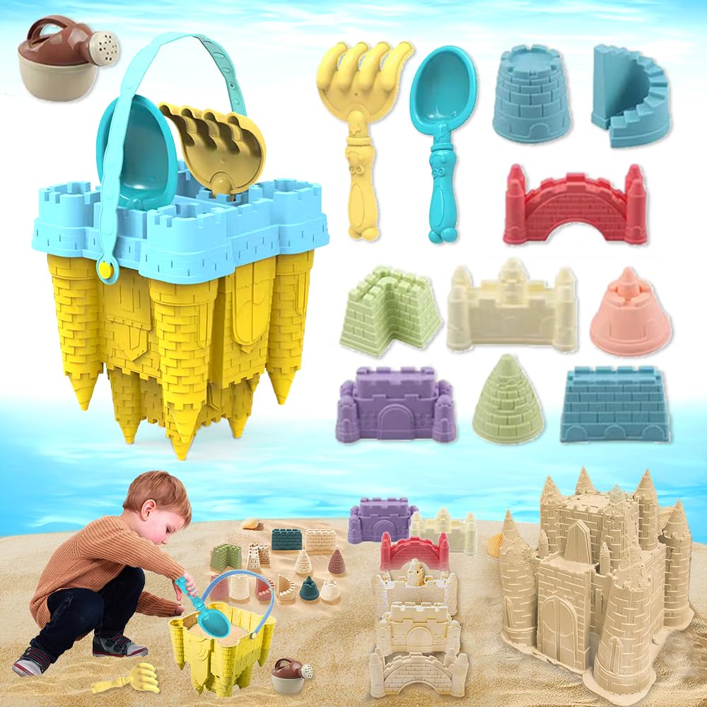 Juego de juguetes de arena, 13 juguetes de arena para niños con cubo de castillo, juguete de arena para playa con pala, regadera, modelo de castillo, juguete de arena a partir de 3 años para niños y