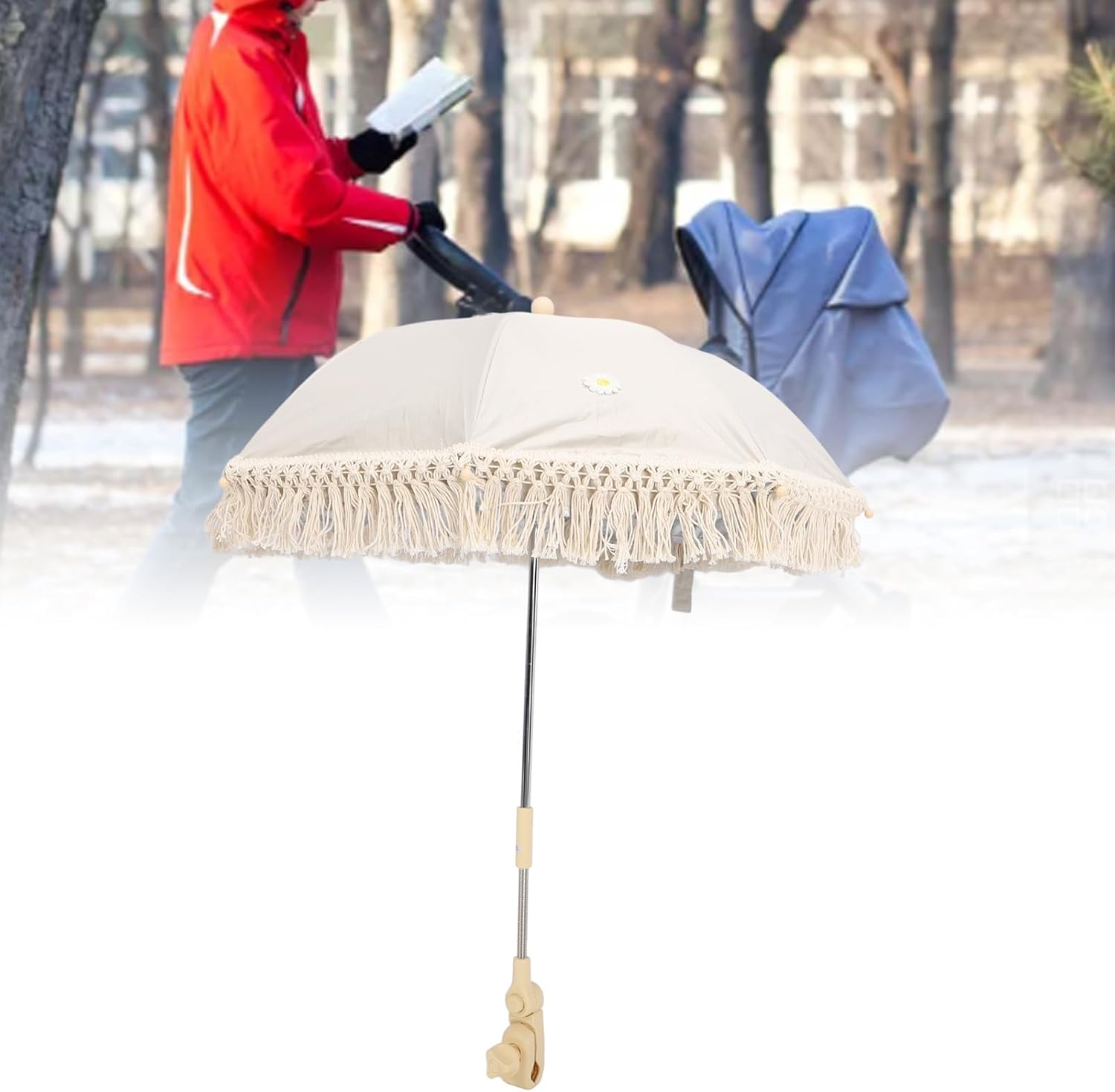Lovely Lace Design Baby Stroller Umbrella Bohemian Style Outdoor Stroller Umbrella Adjustable Angle Clamp on Universal Baby Parasol for Beach Chair Pushchair(Chrysanthemum Umbrella)