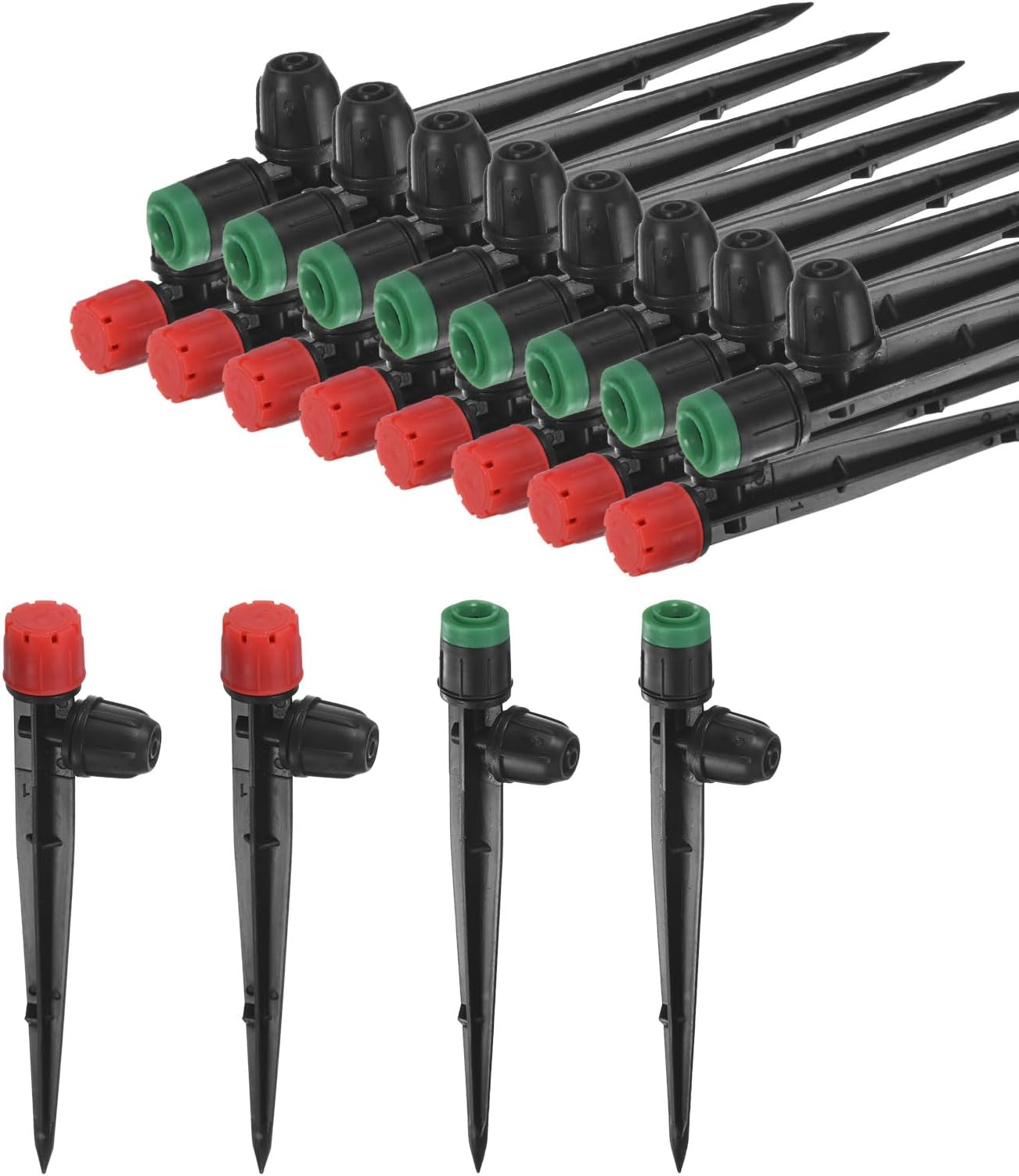 20-Pack Drip Irrigation Emitters Sprayers, Drippers with Stake Adjustable 360 Degree Water Flow for 1/4" Drip Irrigation Tubing for Watering System[Dark Green,Red, Drip and Sprayer]