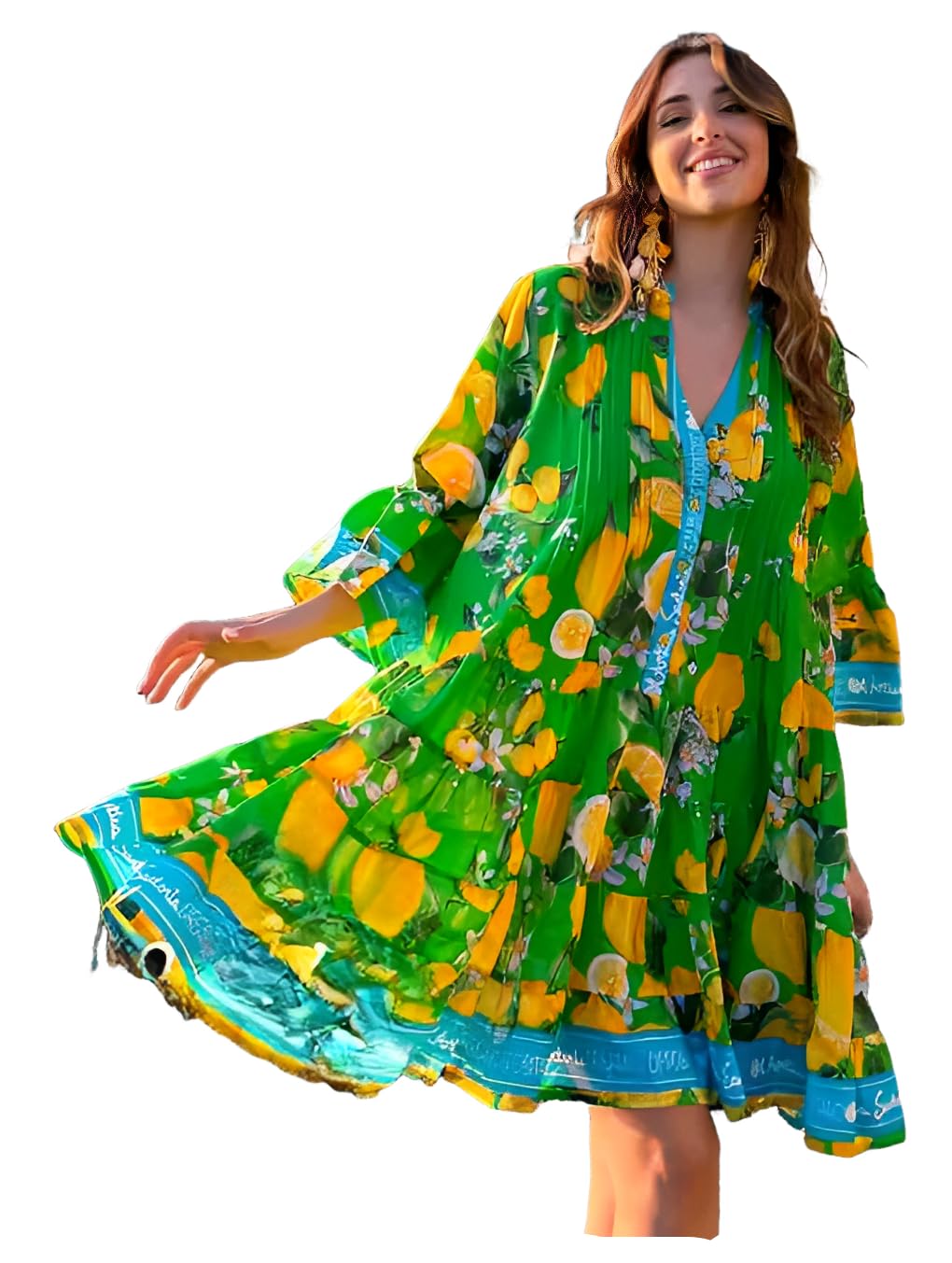 Antica Sartoria - Vestido Herculano 89 en Algodon Estampado, Cuello Mao y Abertura Delantera. Mangas 3/4, teminacion de Cenefa en Mangas y bajo. Talla Unica Muy Amplia
