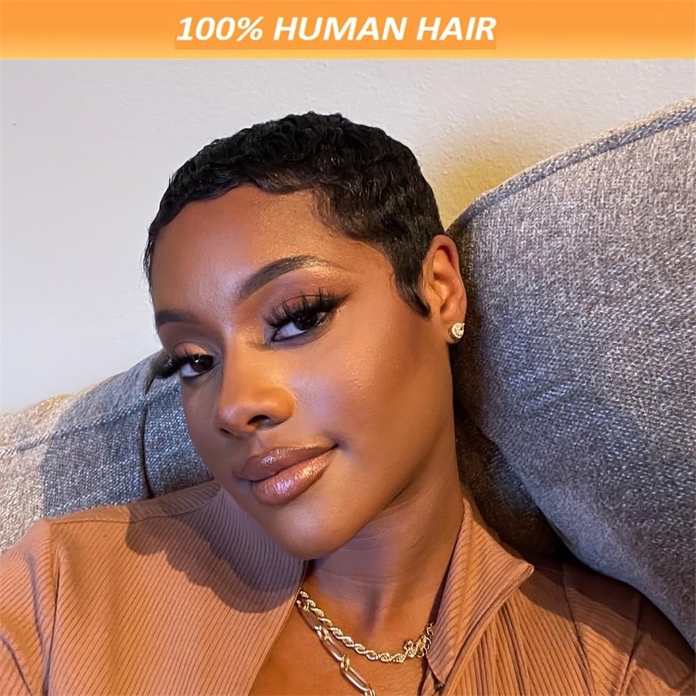 6 Zoll natürliche Schwarze Echthaar-Pixie-Cut-Perücke