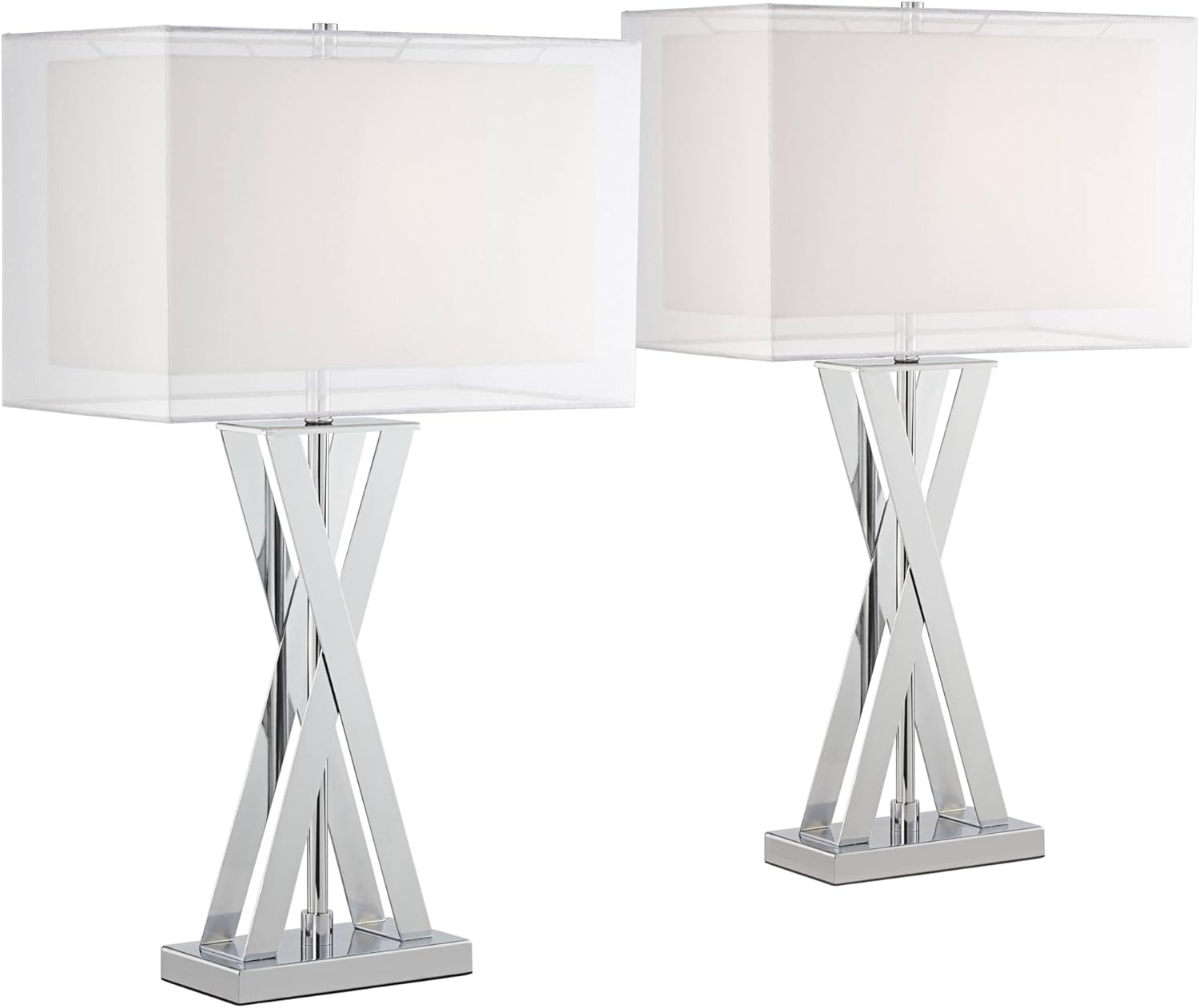 Possini Euro Design Proxima 28" Tall X-Shaped Modern Table Lamps Set of 2 Silver Chrome Finish Metal White Shade Living Room Bedroom Bedside Nightstand House Office Home Reading Kitchen Entryway