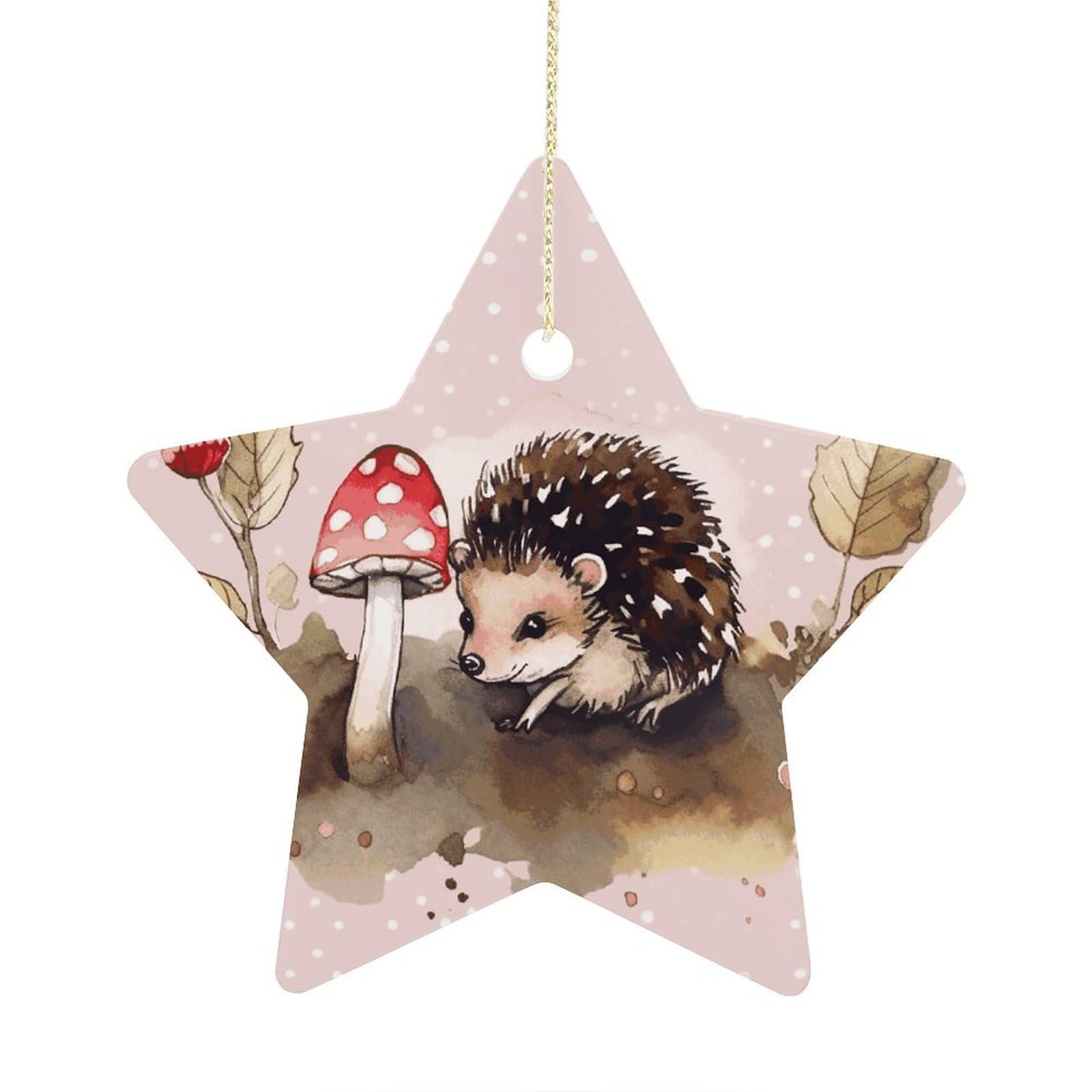 Hedgehog Watercolor Painting Stars Ornaments Ceramic Christmas Tree Hanging Light in Weight Christmas Star Pendants Funny Double-Sided Printed Xmas Ornaments for Gifts