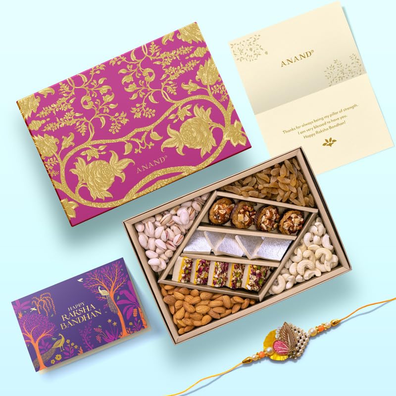 Image of Anand Sweets Assorted Sweets & Dry Fruits Gift Box 650g - Royal Bandhan Edition with Rakhi & Greeting Card Combo | Mithai & Dry Fruit Box for Rakshi | Gift for Brother, Family & Friends