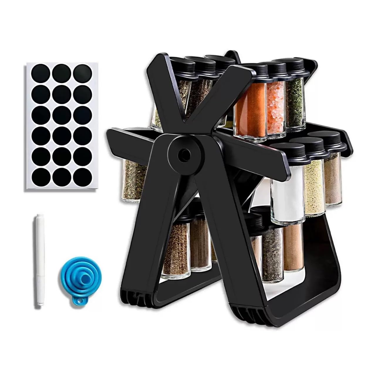 Carrusel de especias giratorio 360° con 21 tarros de especias negros, estante para especias con tarros y organizador de especias para tu cocina, set B (botella de plástico)