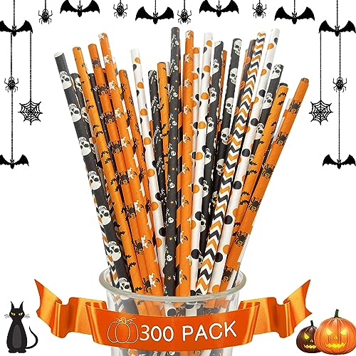 Halloween Pajitas de Papel, 300 Piezas Pajitas de Colores para Fiestas, Grado alimentario Coloridas Pajitas de Papel, Adecuado Para el Hogar, bar, Fiesta de Halloween