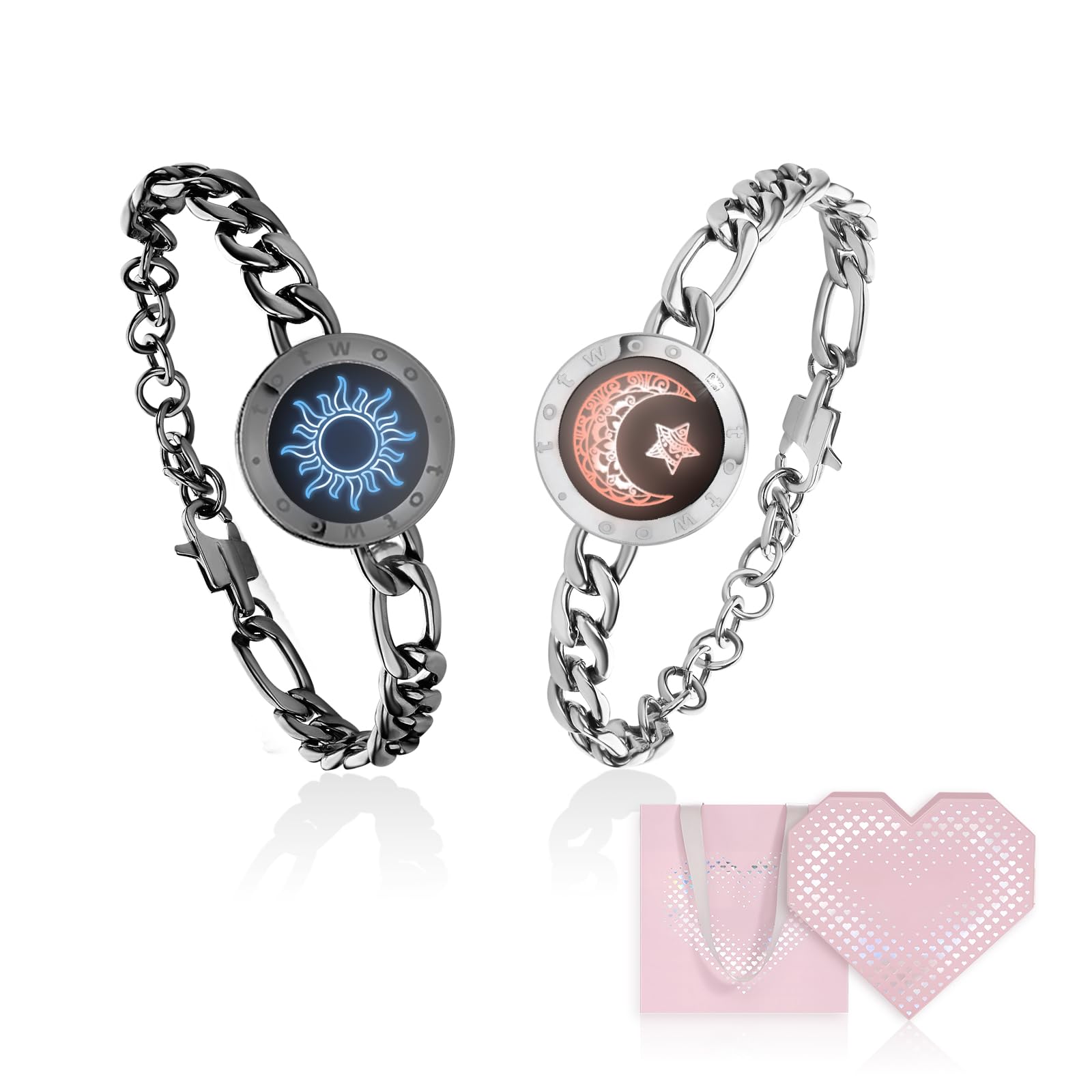 TOTWOO Bracciali per Coppie con Collegamento Bluetooth Uno a Uno tramite App, Luci e Vibrazione al Tocco – Regalo Romantico per San Valentino e Relazioni a Distanza in Acciaio Inossidabile 316L